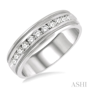 1/2 Ctw Parallel Milgrain & Niched Center Round Cut Diamond Men's Wedding Band in 14K White Gold